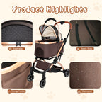 2-in-1 Folding Pet Stroller Khaki — mesh canopy and storage pocket