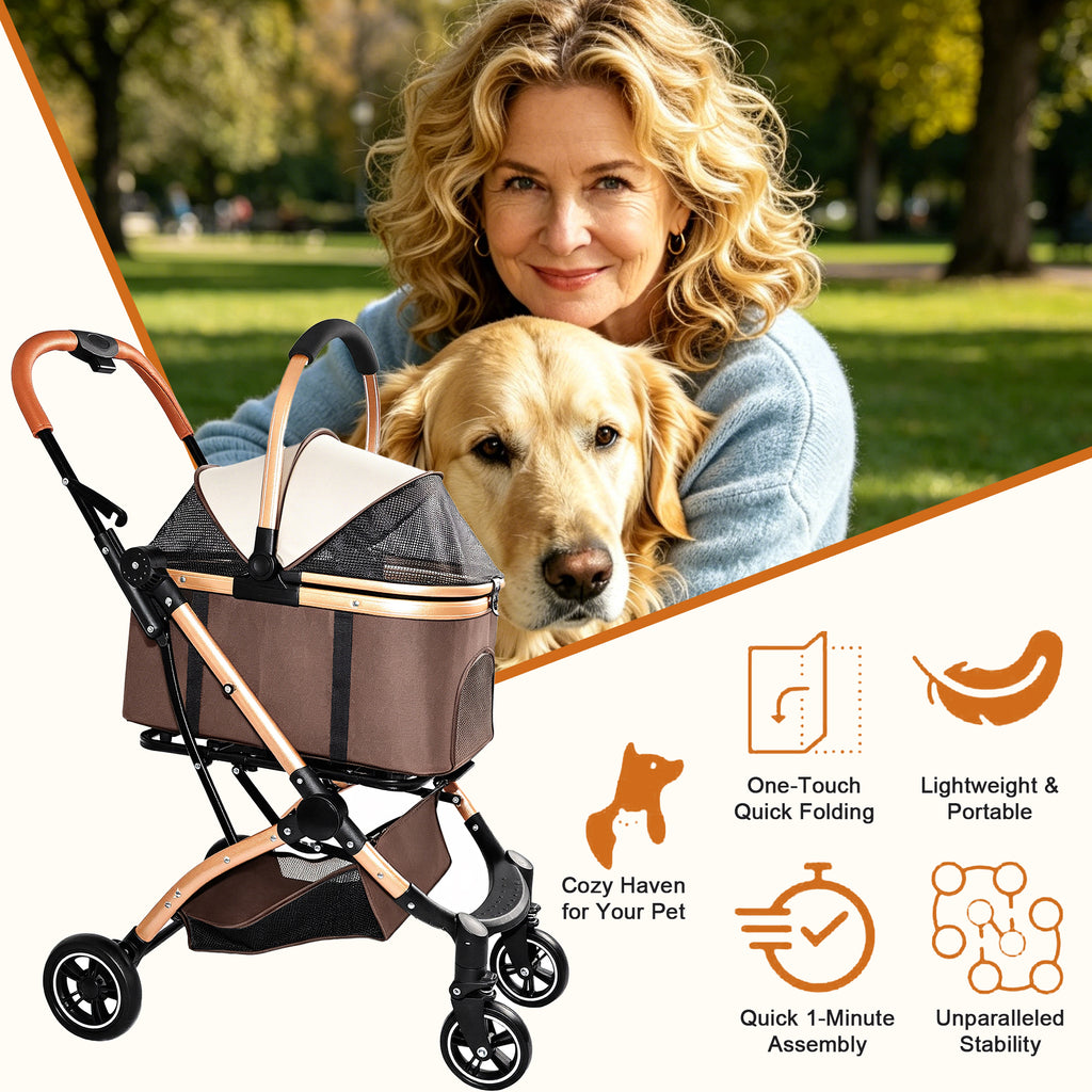 2-in-1 Folding Pet Stroller Khaki — pet stroller in use
