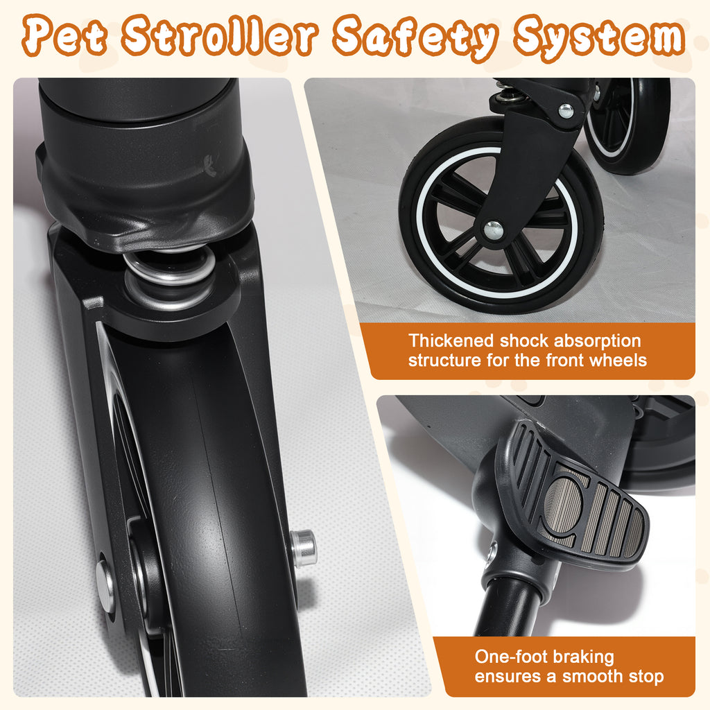 2-in-1 Folding Pet Stroller Khaki — front suspension and foot brake