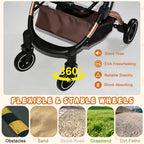 2-in-1 Folding Pet Stroller Khaki — swivel front wheels