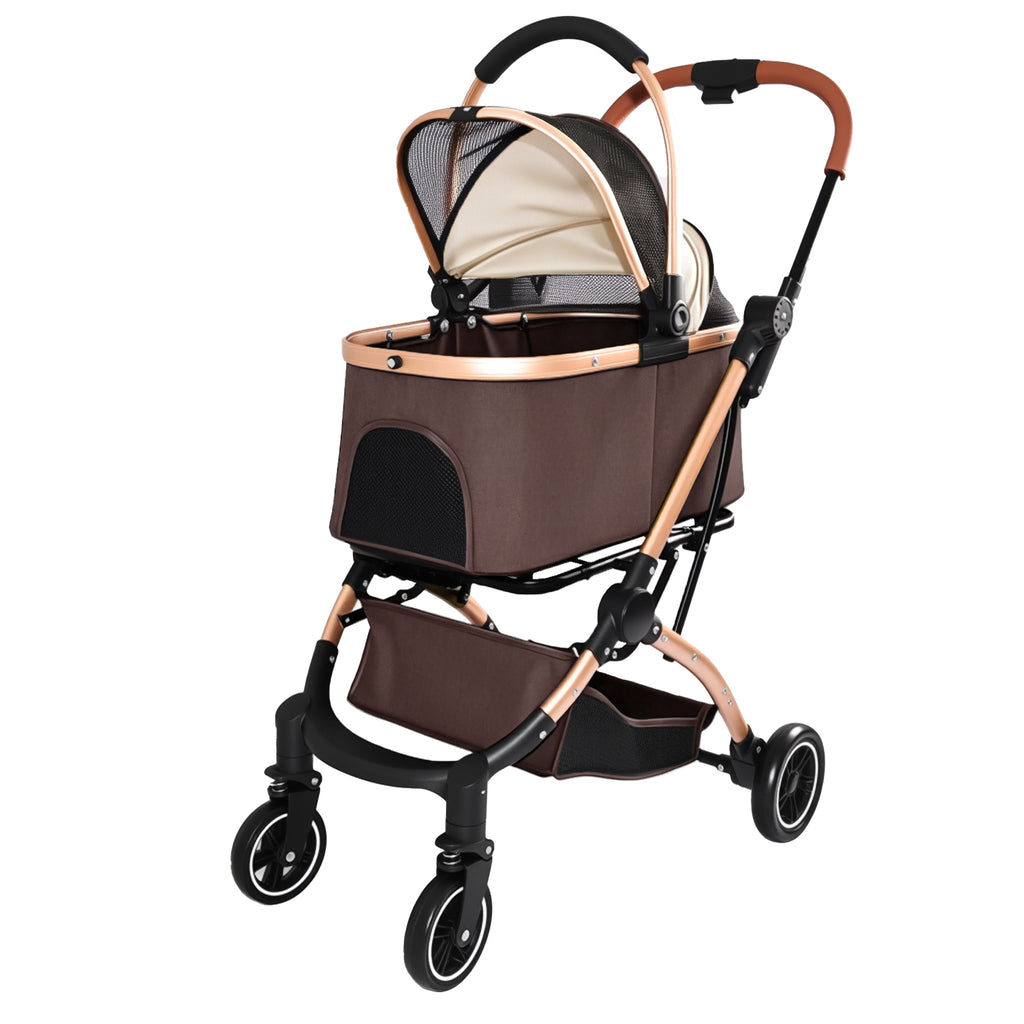 2-in-1 Folding Pet Stroller Khaki — side three-quarter view