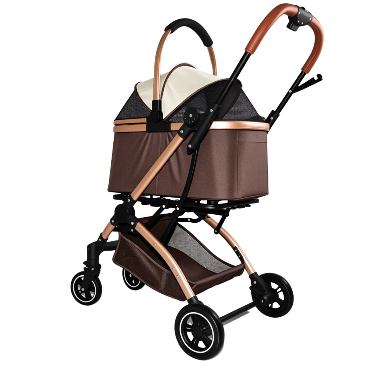 2-in-1 Folding Pet Stroller Khaki — rear product view