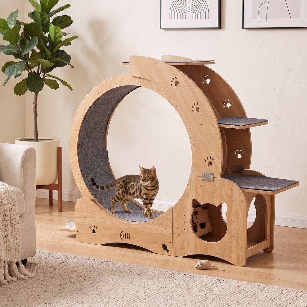 Cat on felt-lined exercise wheel beside a chair