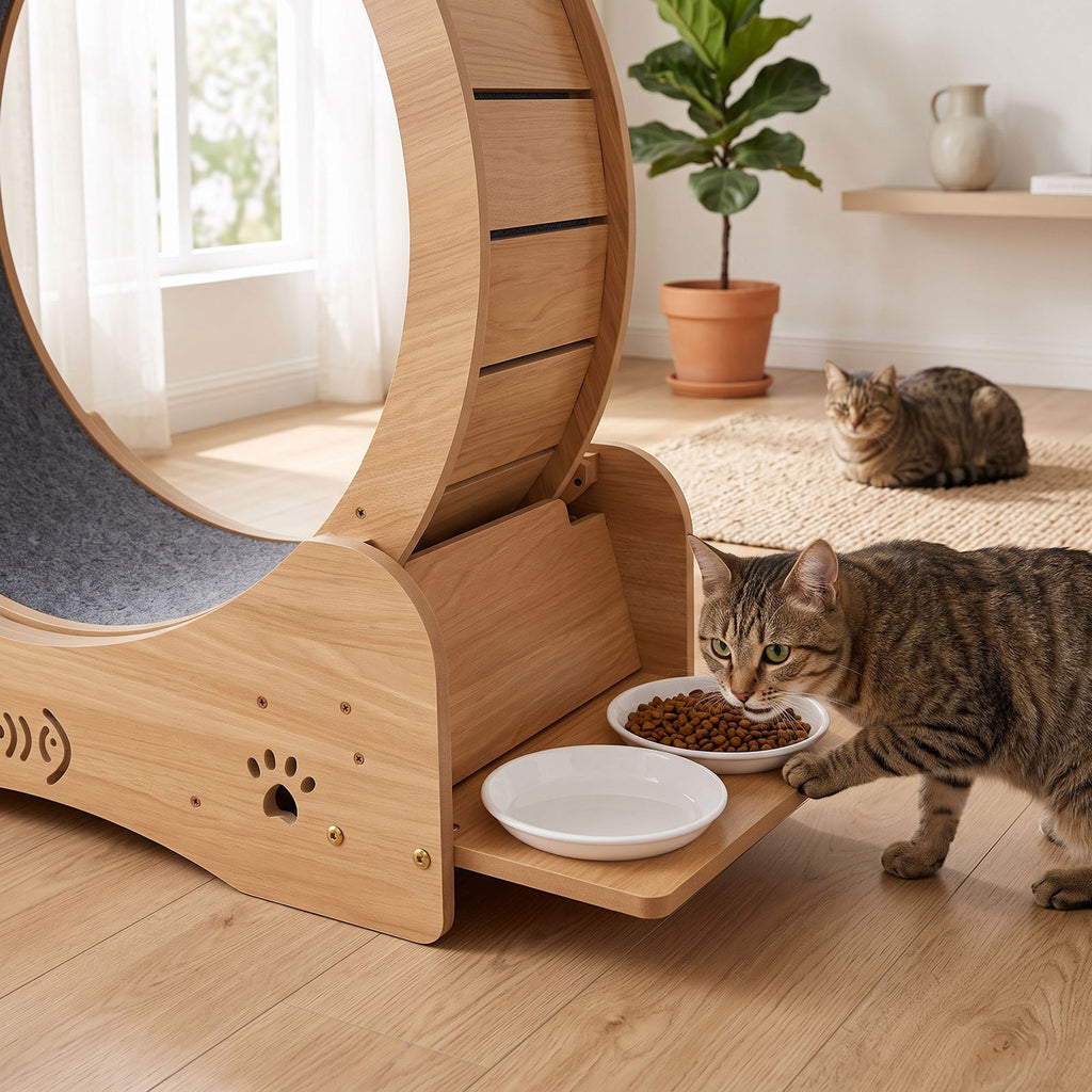 Two included feeding bowls beside the wheel base