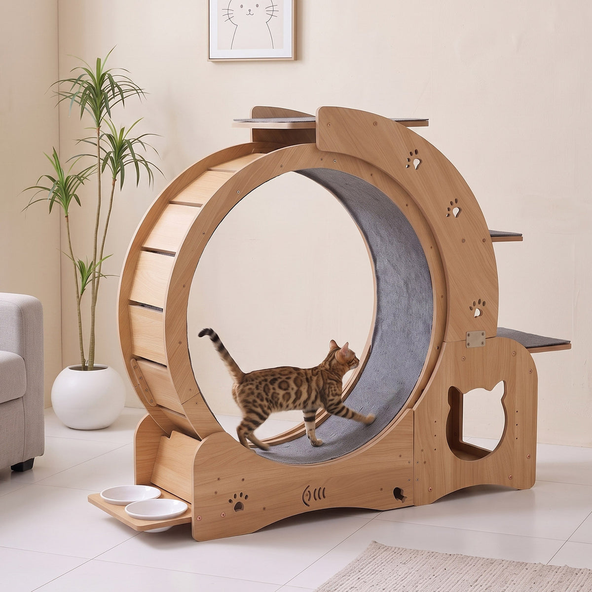 Natural wood-look cat wheel and feeding station