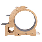 Reverse angle of cat exercise wheel and feeding bowls