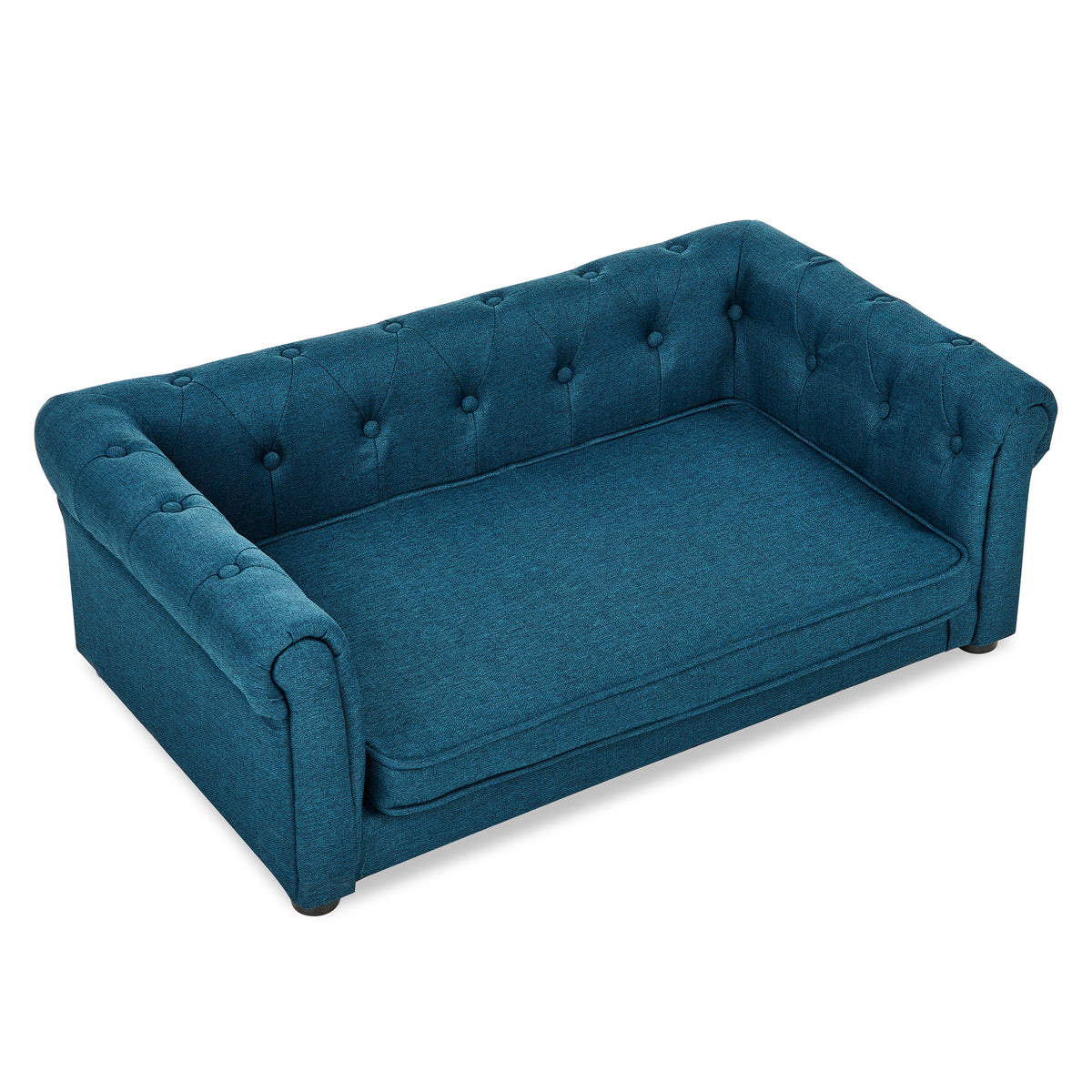 Blue tufted pet sofa three-quarter view