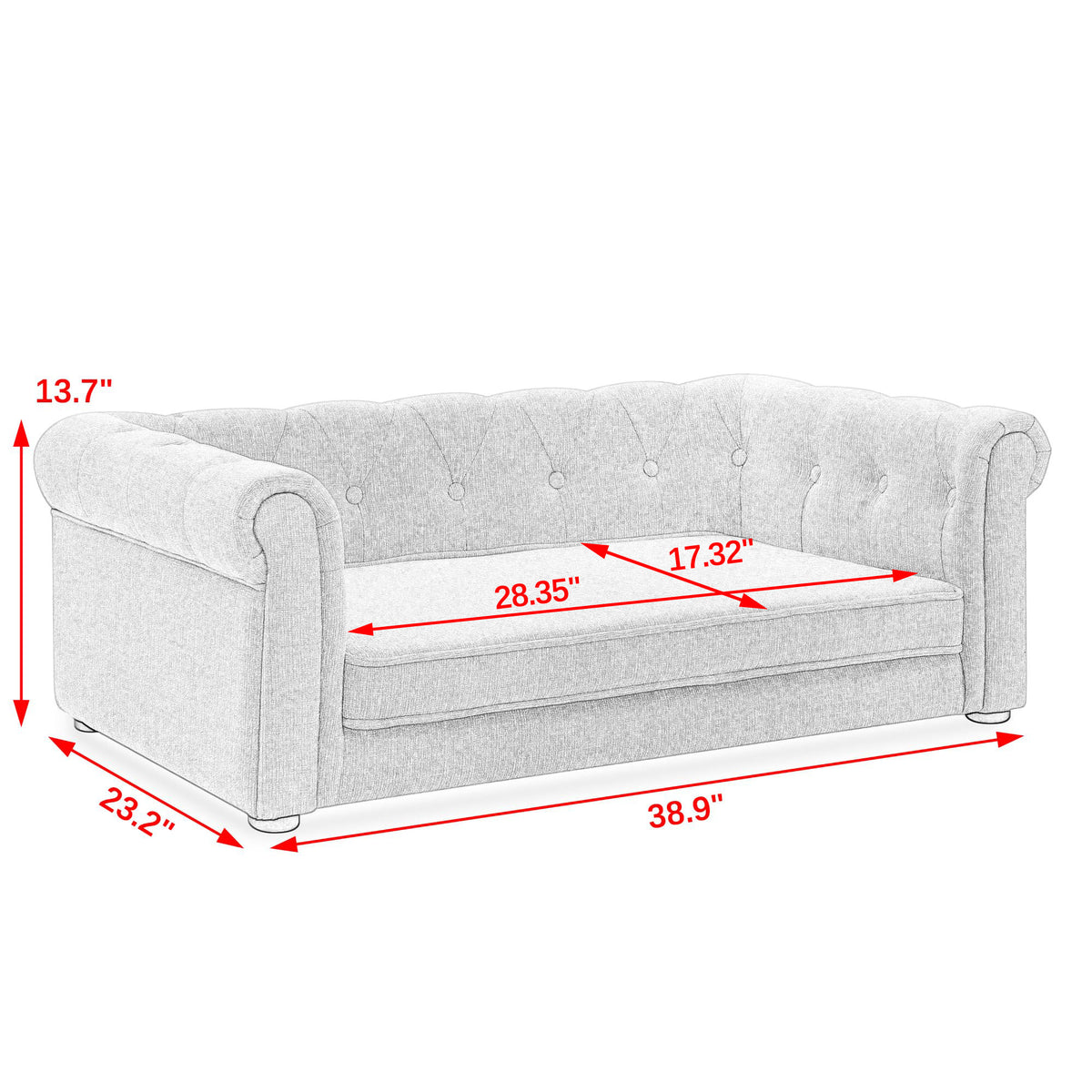 Pet sofa and seat dimensions shown on light-color version