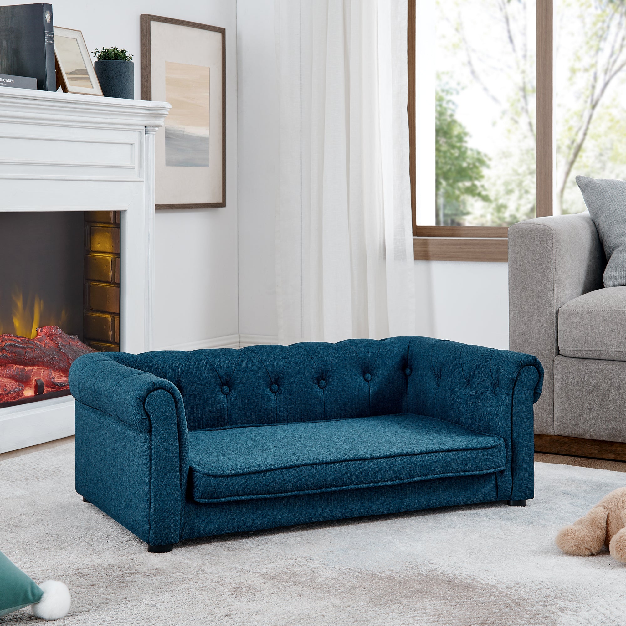 Blue Tufted Dog Sofa Bed with Foam Padding, Rolled Arms and Raised Base for Indoor Lounging W487P220228 Secondary image
