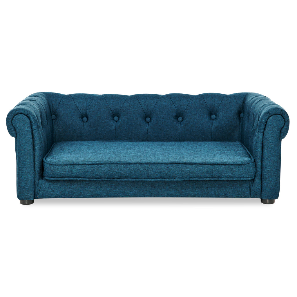 Front view of blue tufted dog sofa