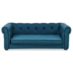 Front view of blue tufted dog sofa