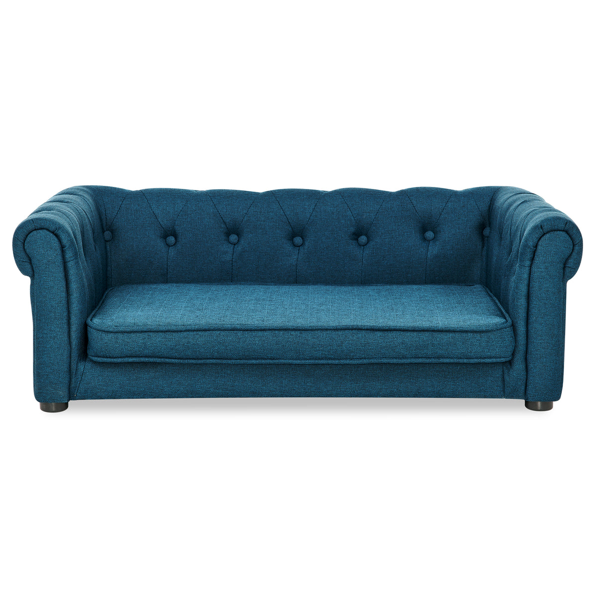 Front view of blue tufted dog sofa