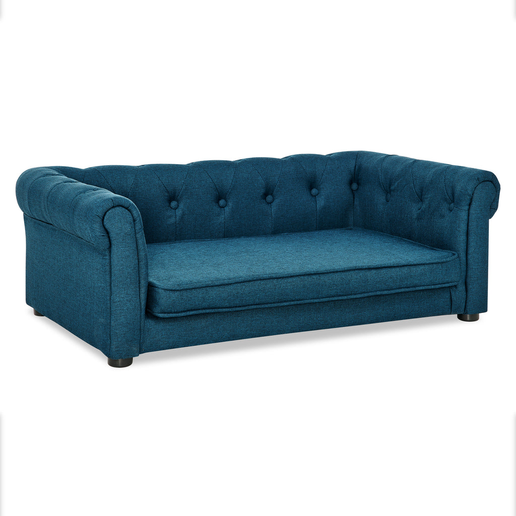 Blue sofa raised base and side view
