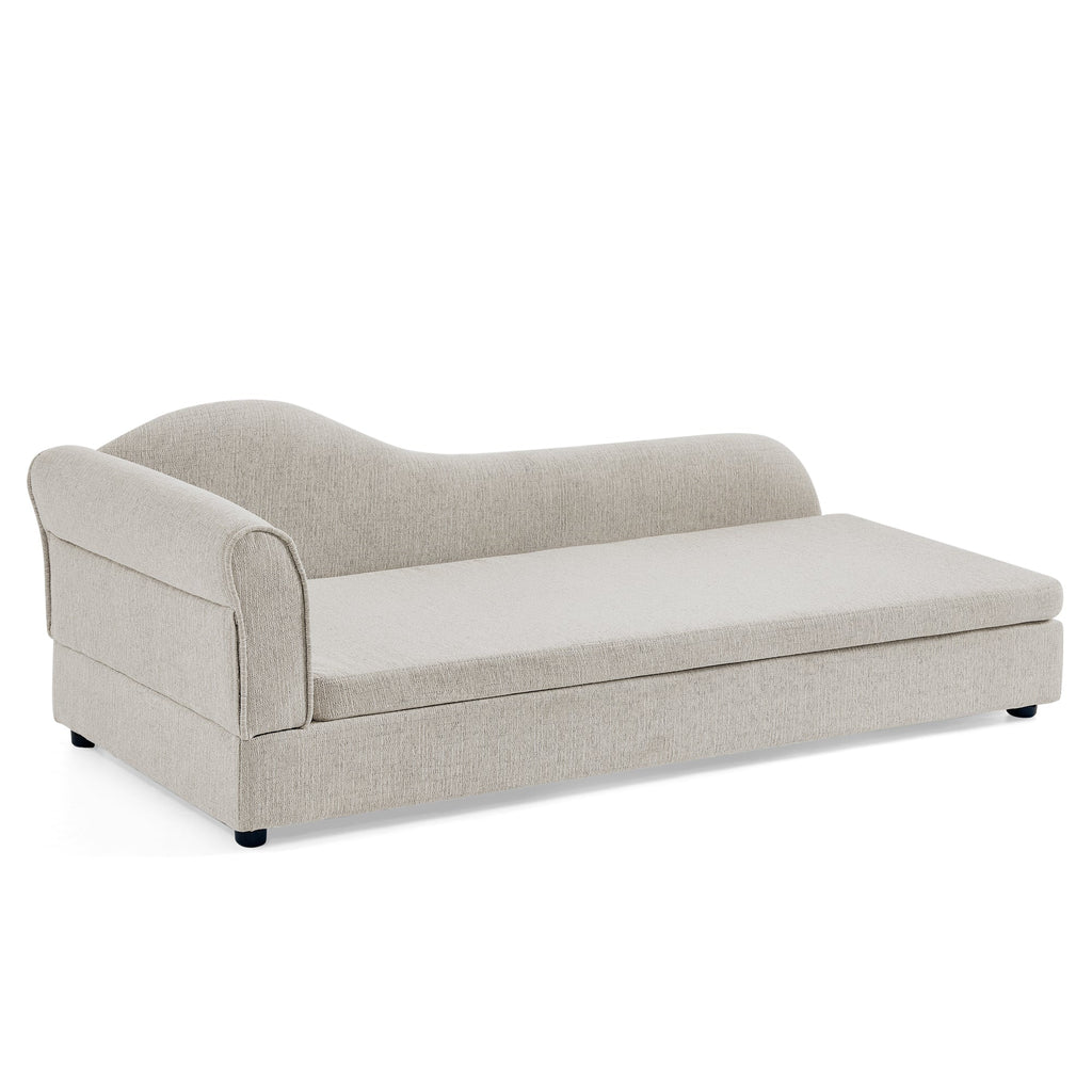 Beige upholstered dog sofa — angled product view