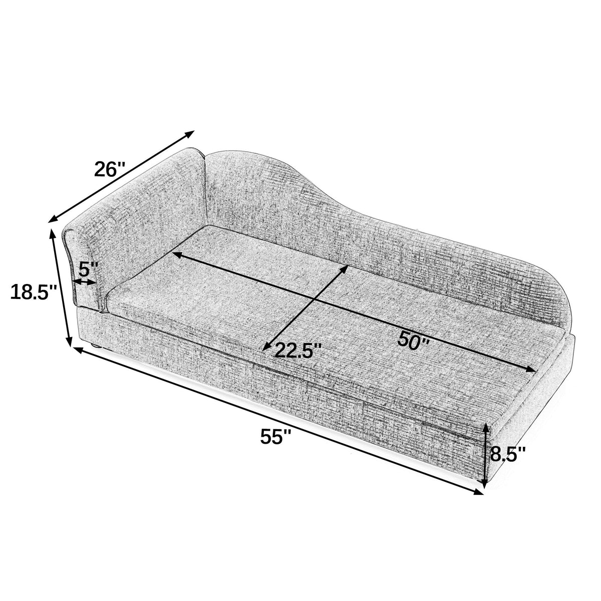 Beige upholstered dog sofa — overall and sleeping area dimensions