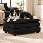 Black Chenille Cushioned Ottoman — with a dog in a living room