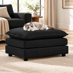 Black Chenille Cushioned Ottoman — with a resting cat