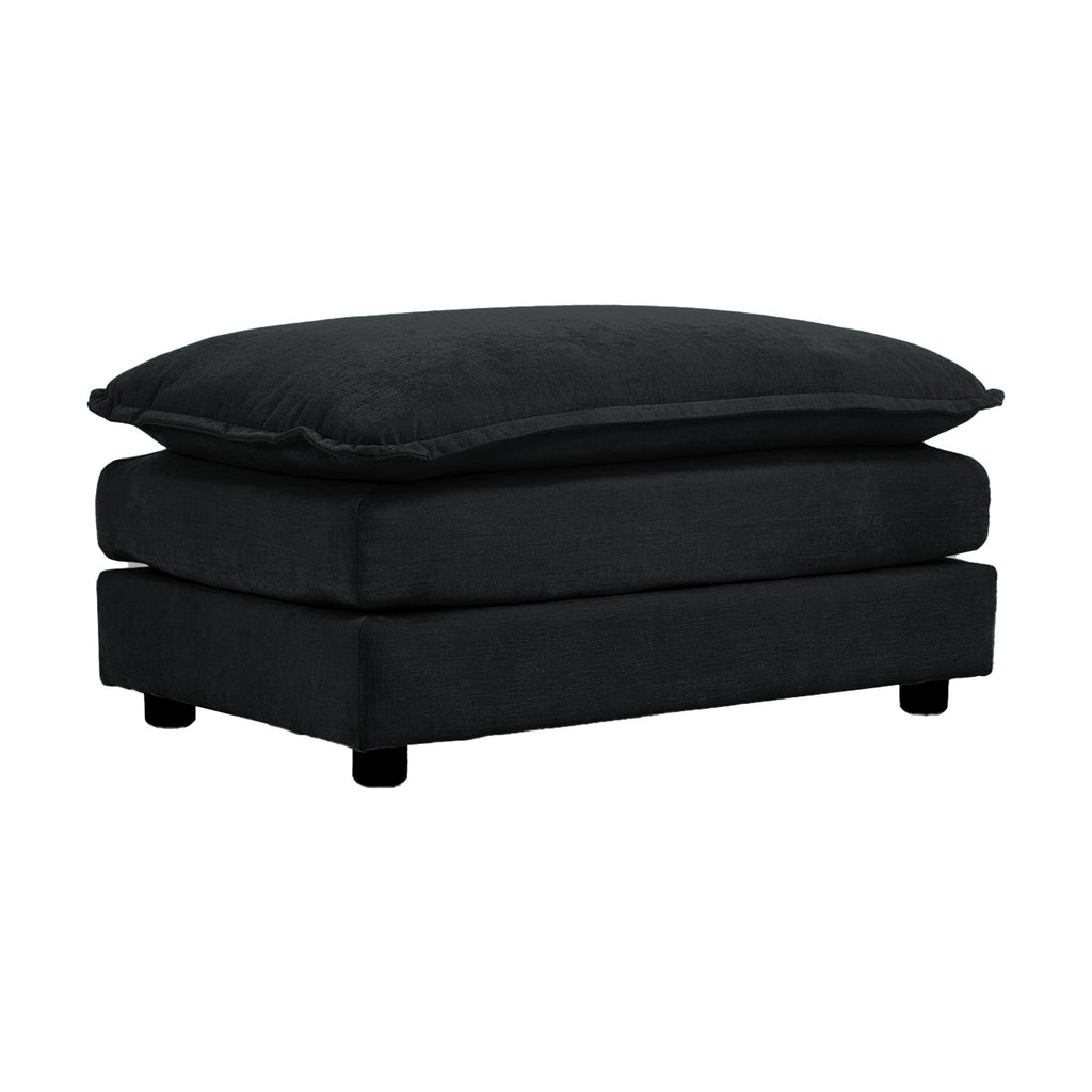 Black Chenille Cushioned Ottoman — on a white background