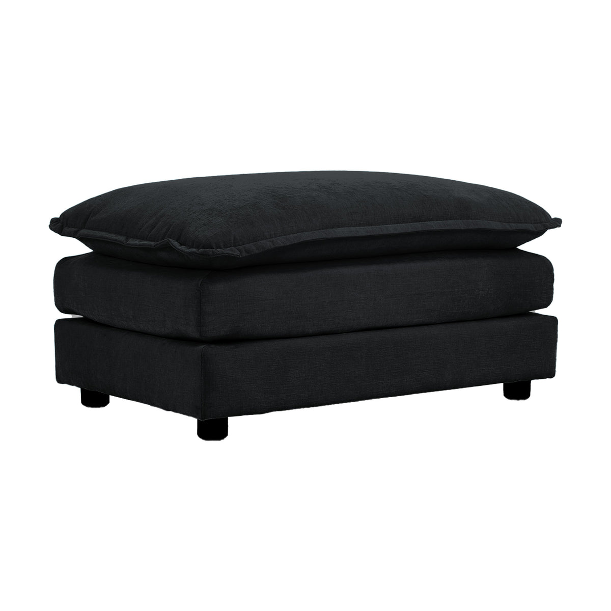 Black Chenille Cushioned Ottoman — on a white background