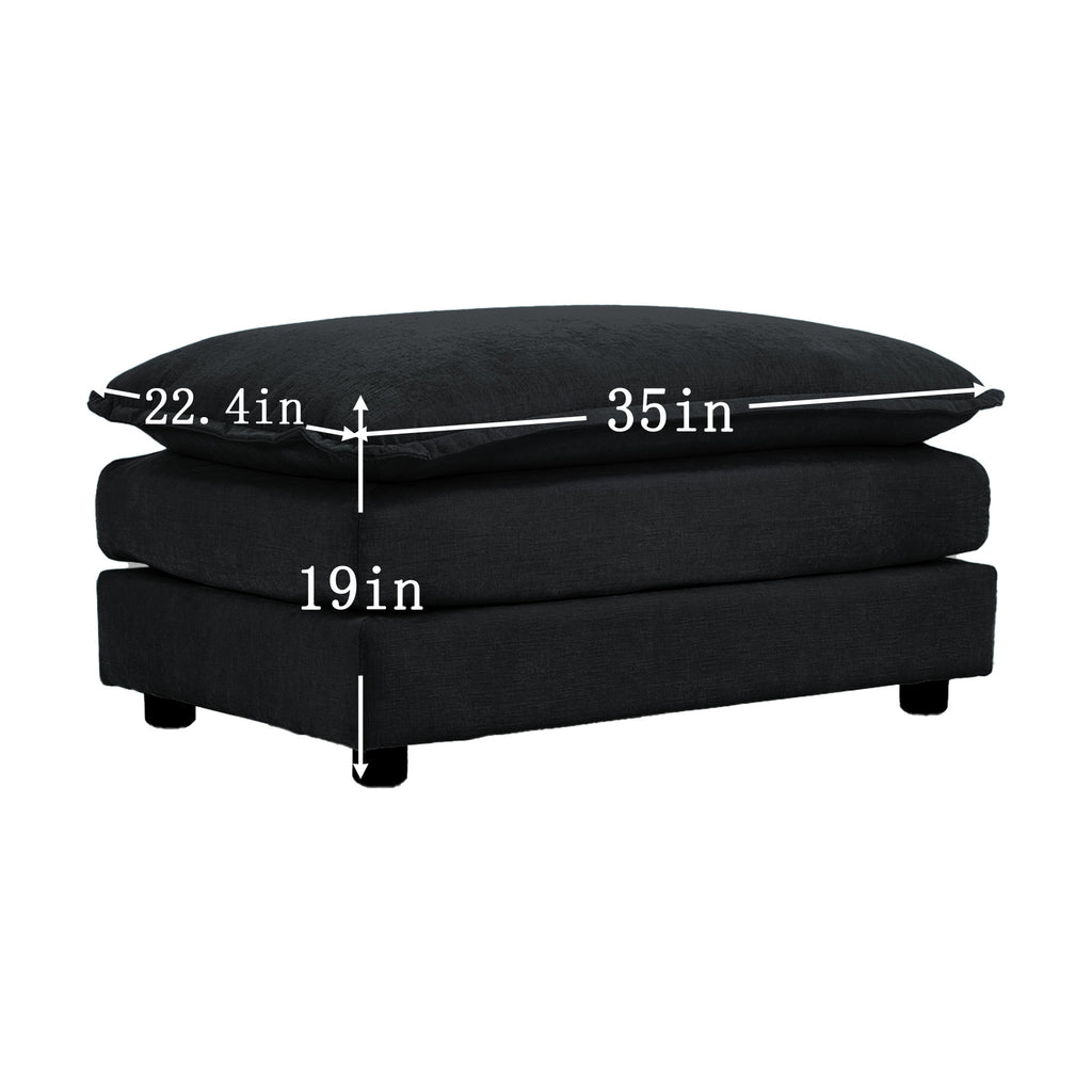 Black Chenille Cushioned Ottoman — dimension image