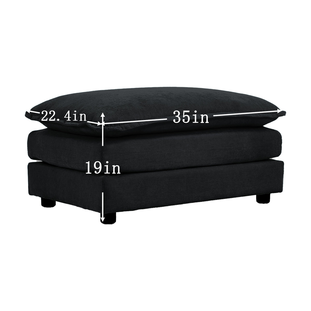 Black Chenille Cushioned Ottoman — dimension image