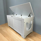 Top-opening white cat litter box enclosure with cat-shaped entry