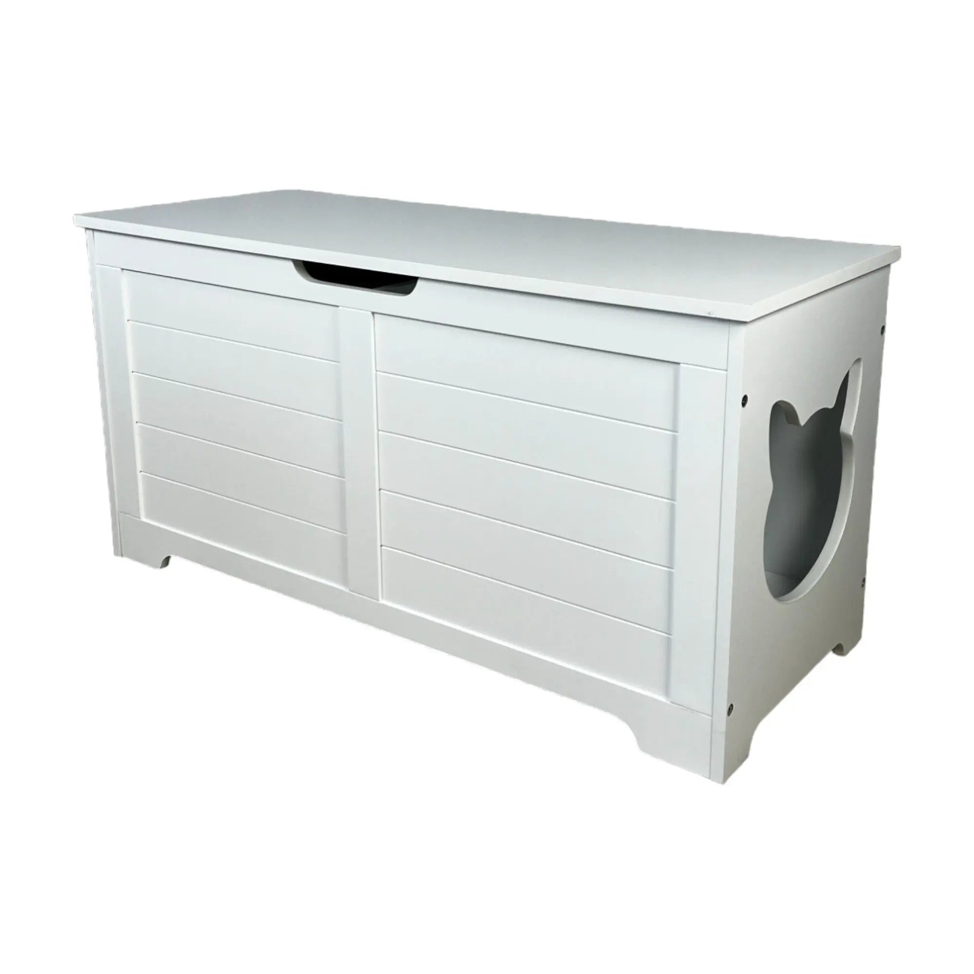 White hidden litter box cabinet front and side product view