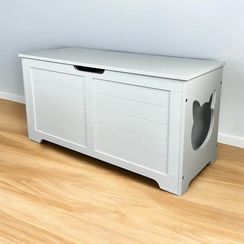 White cat litter box enclosure with closed top