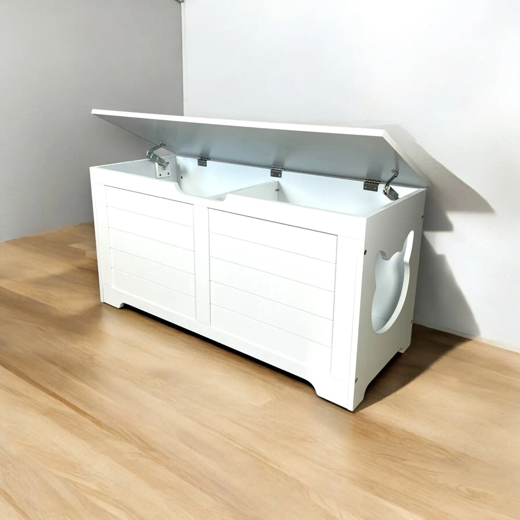Top-opening litter box cabinet with lid support hinges