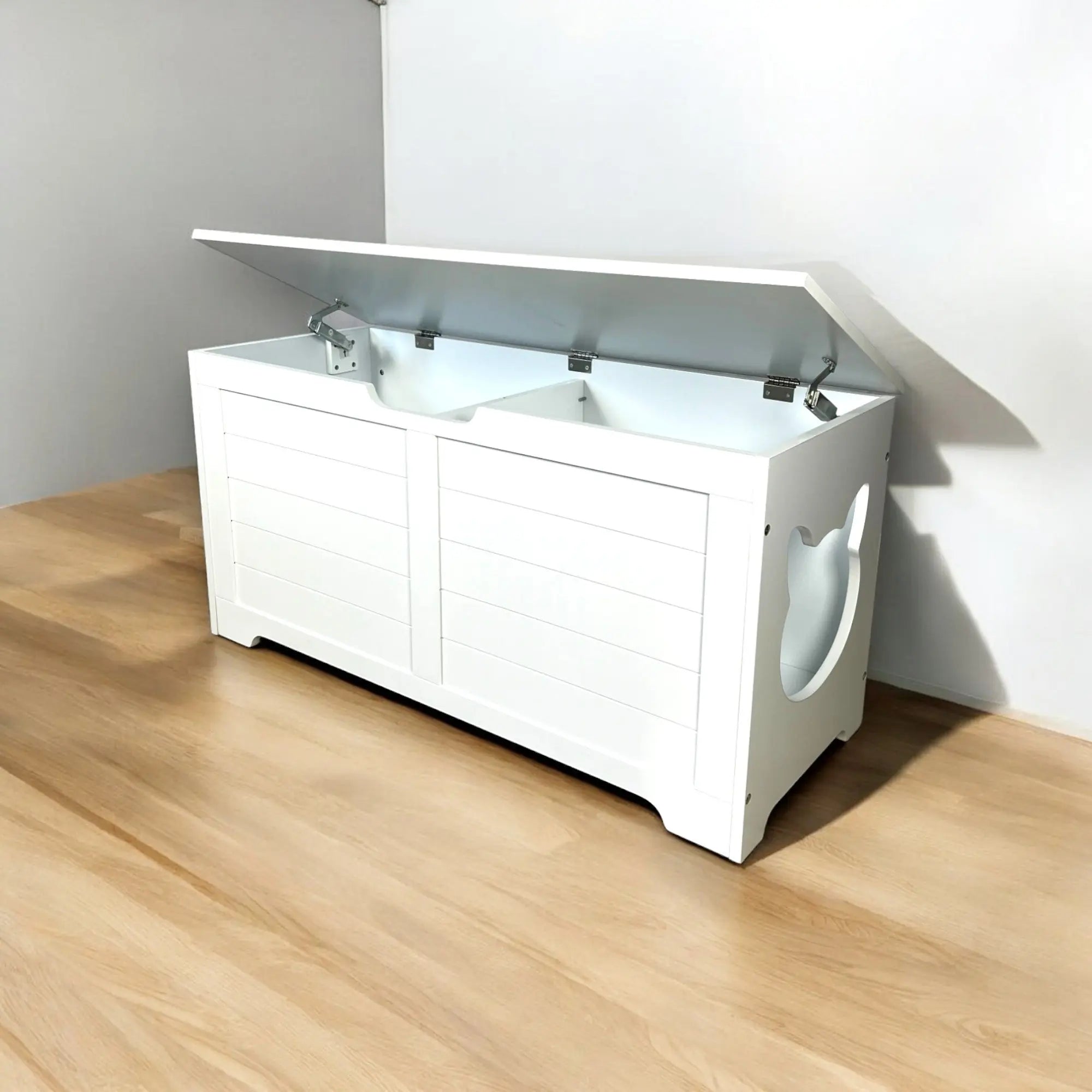 Top-opening litter box cabinet with lid support hinges