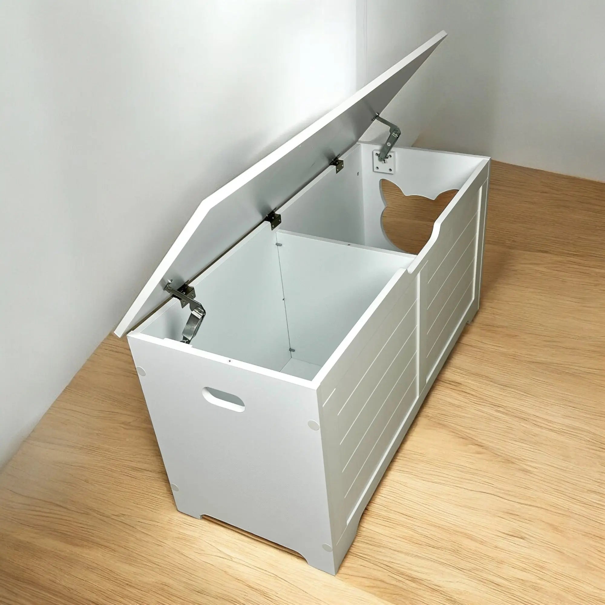 White litter box cabinet showing divided interior