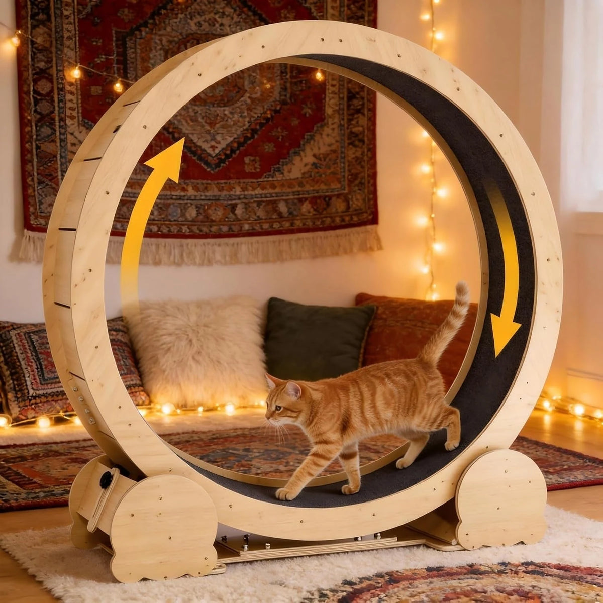 Natural Wood Cat Exercise Wheel with Felt Track — cat using the wheel